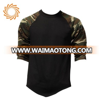 Men's raglan 3/4sleeve curve hem camoflage cotton t shirt